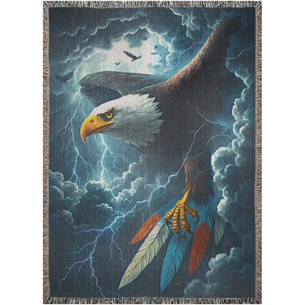 Eagle in Storm Woven Blanket: Colorful Feather & Lightning Design