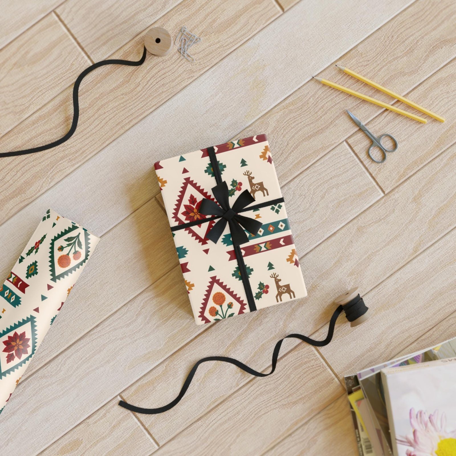 Aztec Southwestern Christmas Gift Wrapping Paper with Deer Holly Poinsettia & Marigolds - Image 4