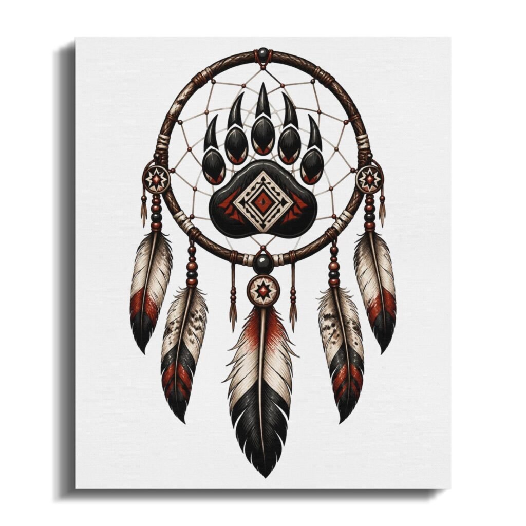 Bear Claw Dreamcatcher Canvas, Native American Designed Wall Art, Tribal Boho Home Decor, Spirit Animal Print for Rustic Cabin Decor