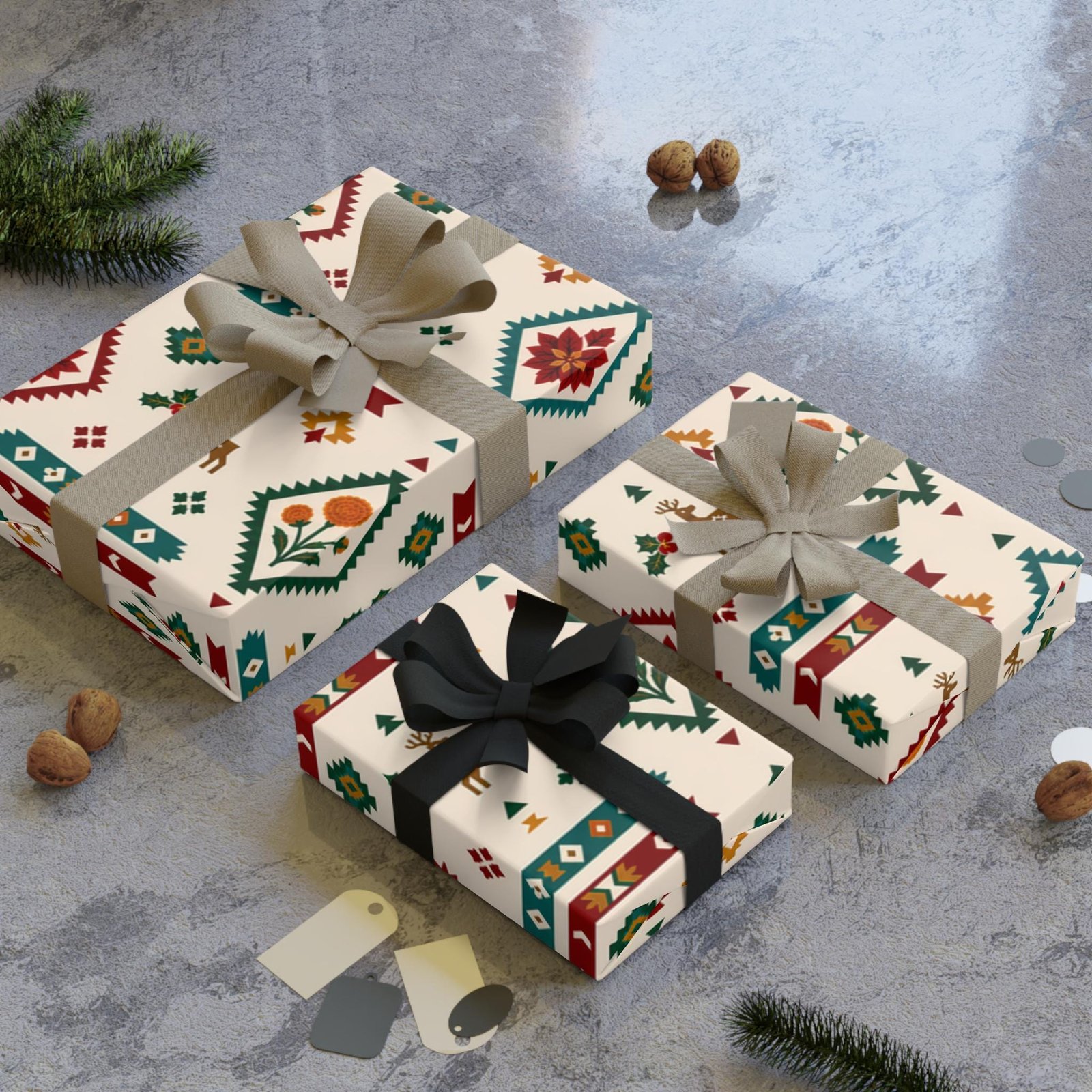 Aztec Southwestern Christmas Gift Wrapping Paper with Deer Holly Poinsettia & Marigolds