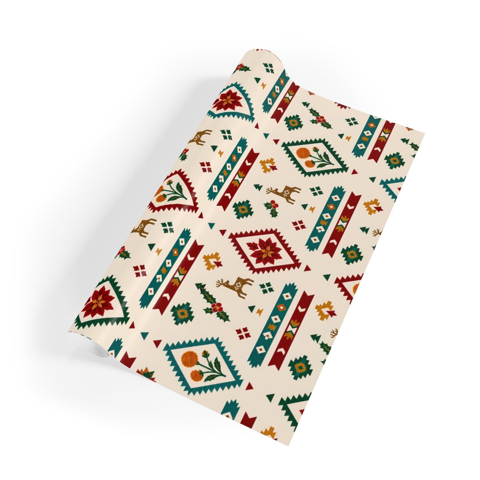 Aztec Southwestern Christmas Gift Wrapping Paper with Deer Holly Poinsettia & Marigolds - Image 3