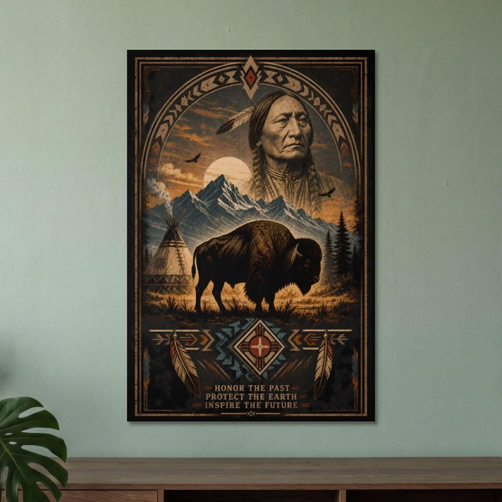 Native American Chief and Bison Poster, Earth Protection Spiritual Indigenous Heritage Nature