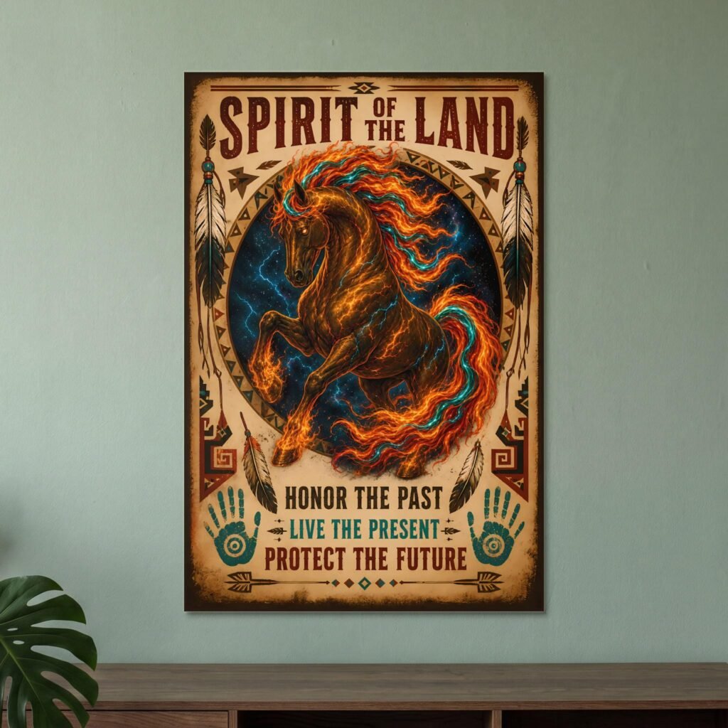 Indigenous Spirit Of The Land Horse Poster, Native American Style Quote, Spiritual Art Gift