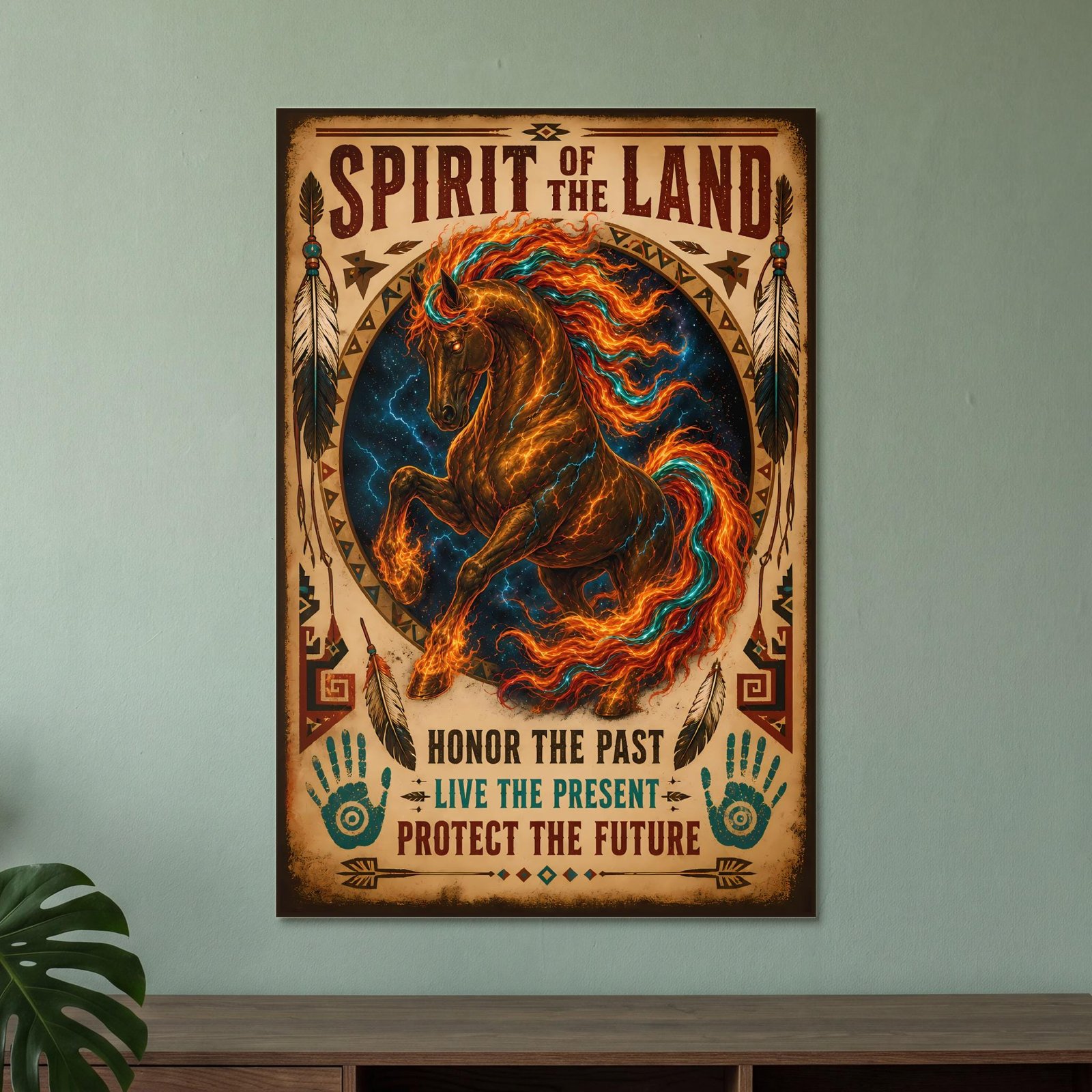 Indigenous Spirit Of The Land Horse Poster, Native American Style Quote, Spiritual Art Gift