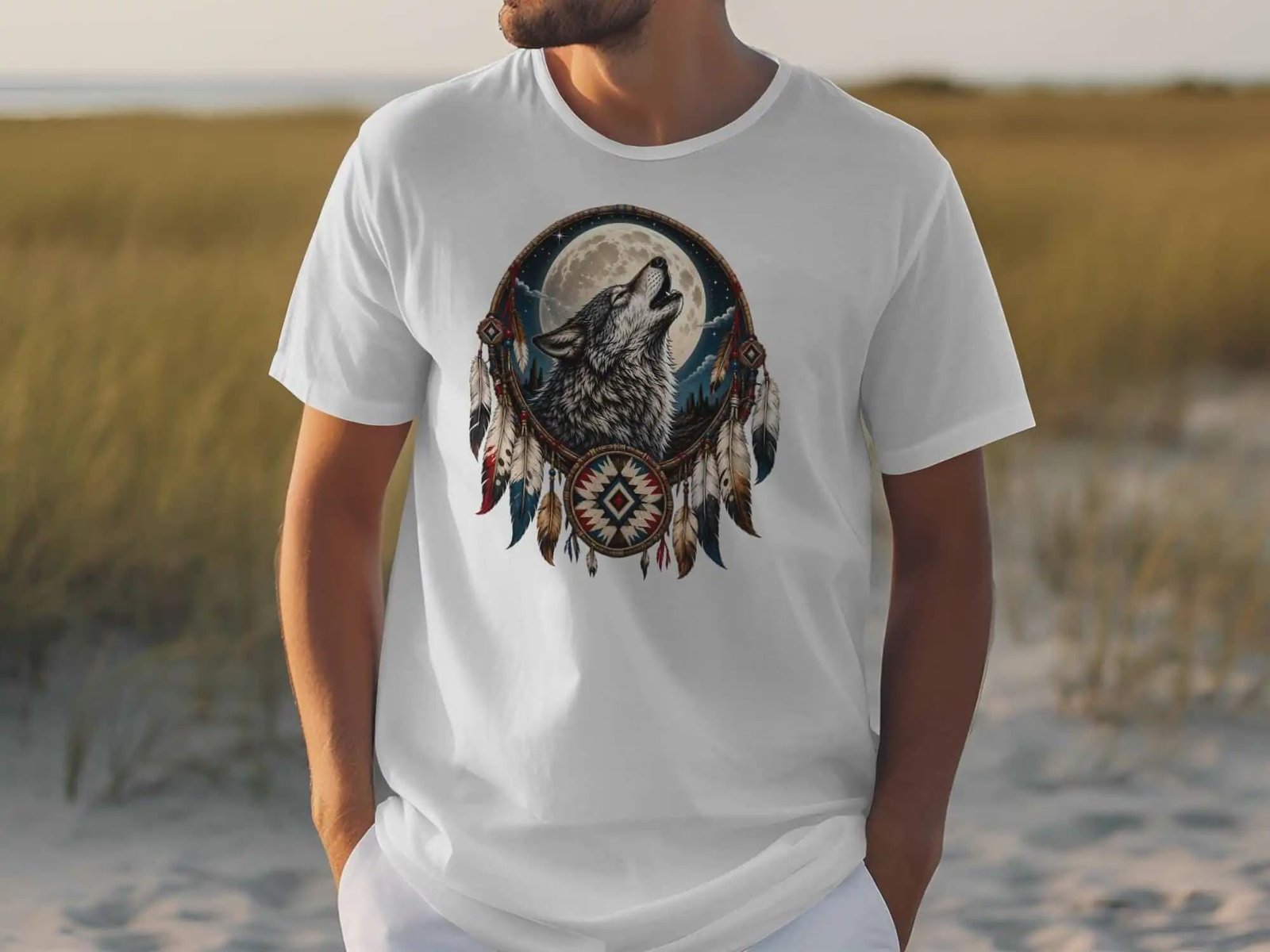 Howling Wolf Moon Dreamcatcher T-Shirt - Image 3