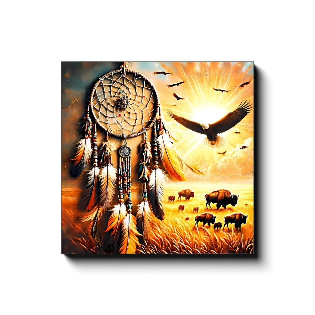 Dreamcatcher with Majestic Eagle & Bison Landscape Canvas Wall Decor