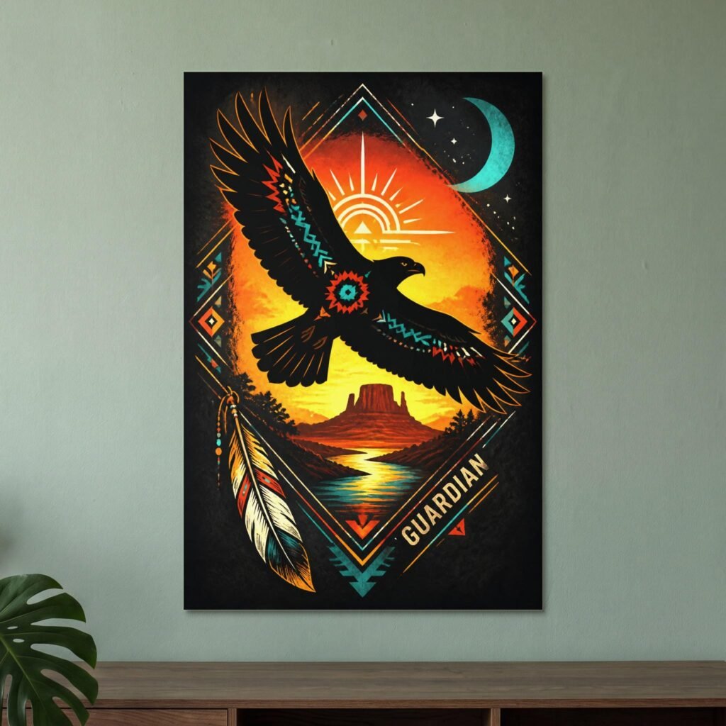 Desert Eagle Guardian Art Print - Southwest Landscape Eagle Moon & Sun Motif, Native American Style Decor