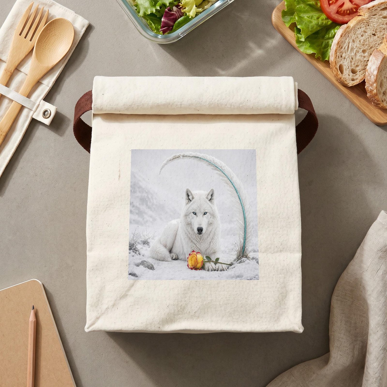 Canvas Lunch Bag with White Wolf Rose - Image 2