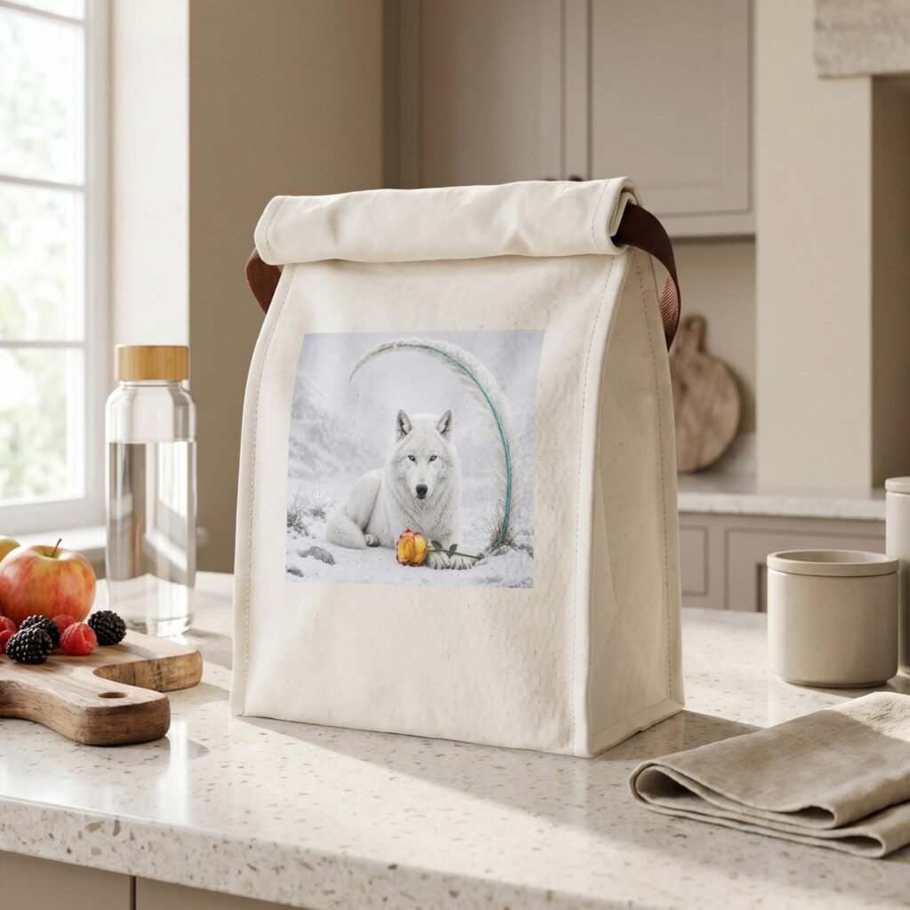 Canvas Lunch Bag with White Wolf Rose