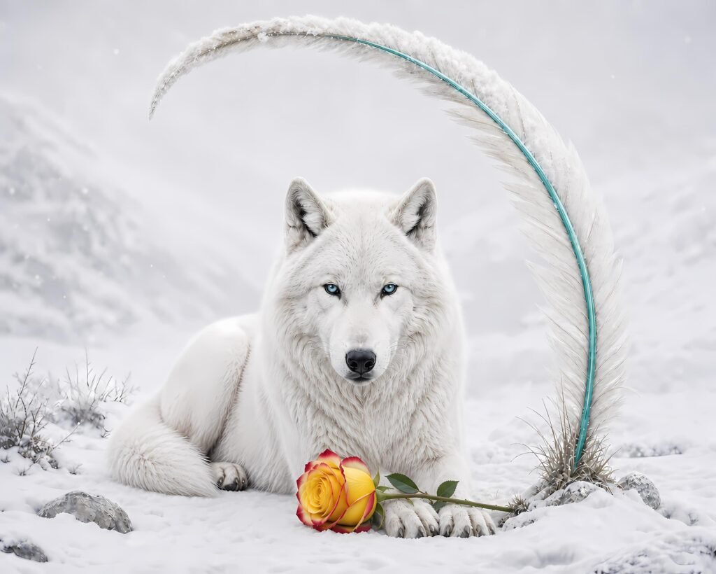 White Wolf Poster, Mystical Arctic Wolf Art Print with Rose & Feather